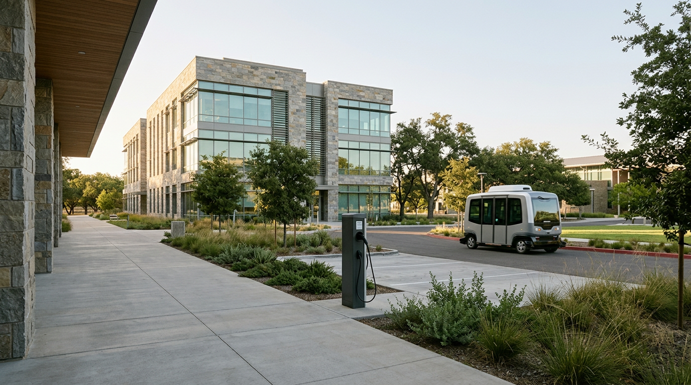 A civic campus with public EV charging and an autonomous shuttle